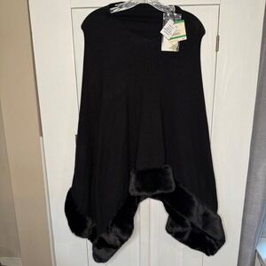 NEW Anne Klein L/XL Black Faux Fur Trim Cape Poncho Sweater Shawl Large